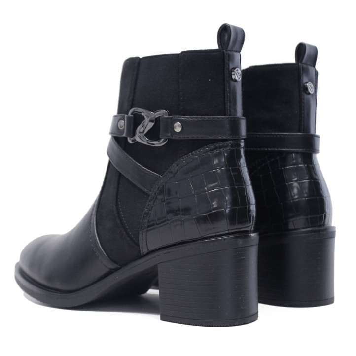 Botines tacón Amarpies de mujer negros con tacón ancho, elásticos y hebilla decorativa - Querol online
