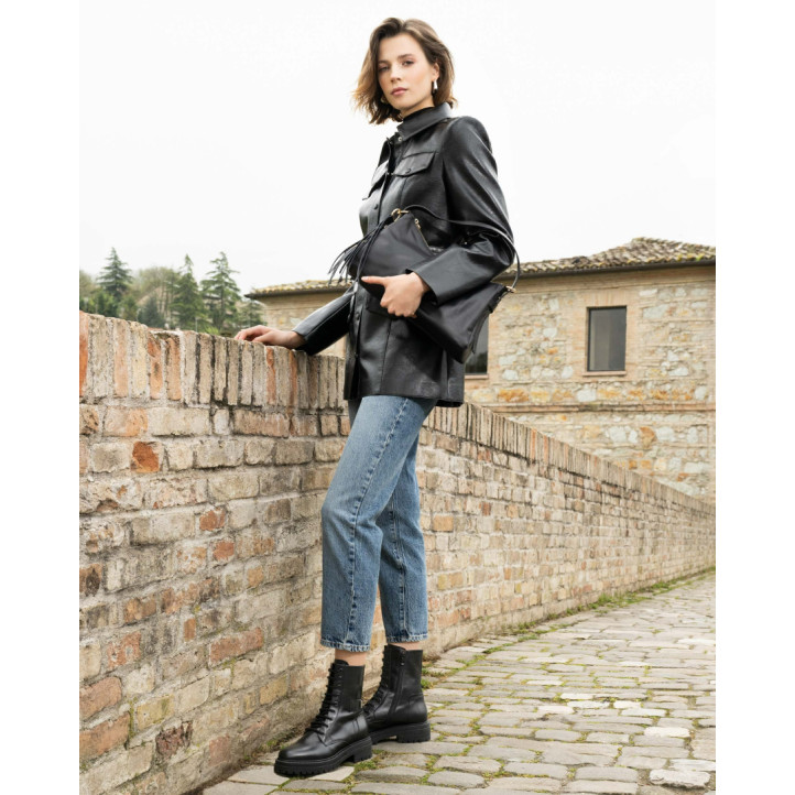 Botins Nero Giardini militars de pell negra per a dona amb cordons i sola track - Querol online