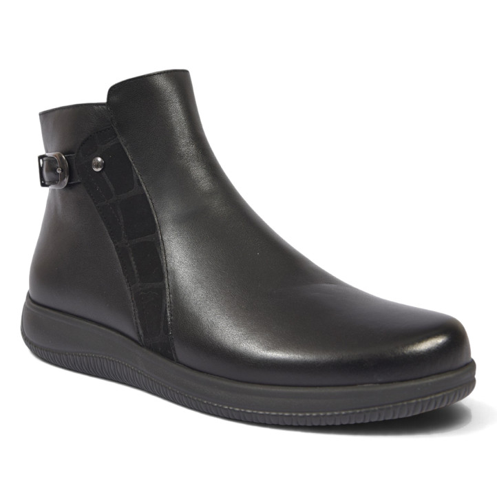 Botines planos Treintas de mujer negros de piel con cremallera y hebilla lateral - Querol online