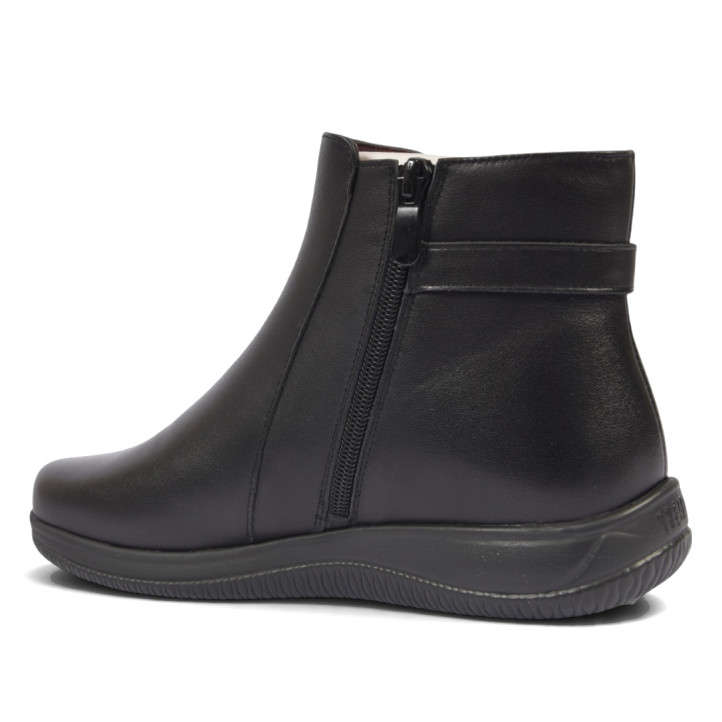 Botines planos Treintas de mujer negros de piel con cremallera y hebilla lateral - Querol online