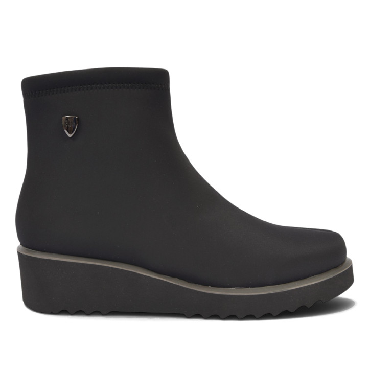 Botines Treintas de mujer negros de tejido elástico con cuña y cremallera lateral - Querol online