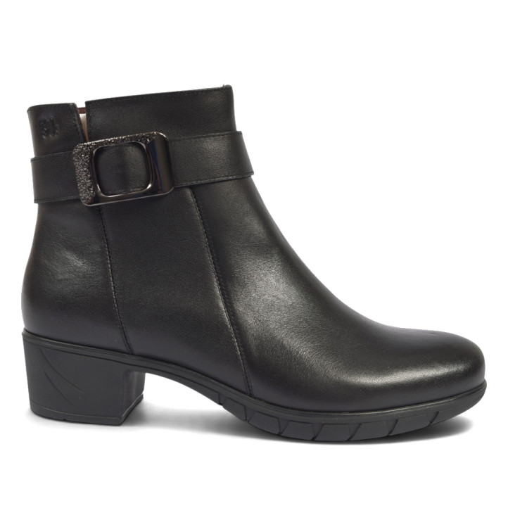 Botines planos Treintas negros con tacón ancho, hebilla decorativa y cremallera lateral - Querol online