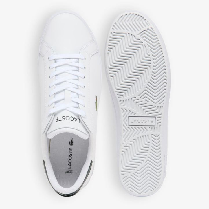Zapatillas Lacoste Powercourt de hombre blancas de piel con detalles verde oscuro - Querol online