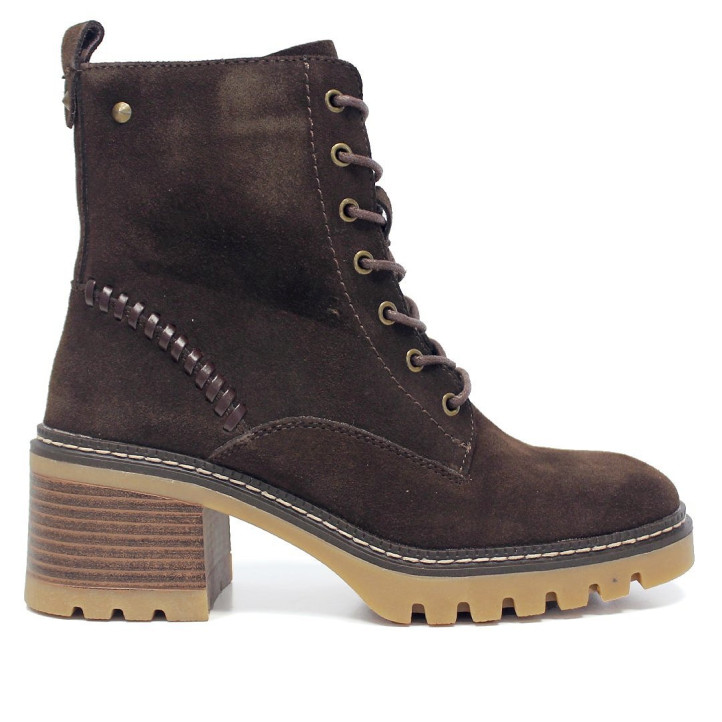 Botines Marila de piel marrón chocolate con cordones y tacón ancho - Querol online