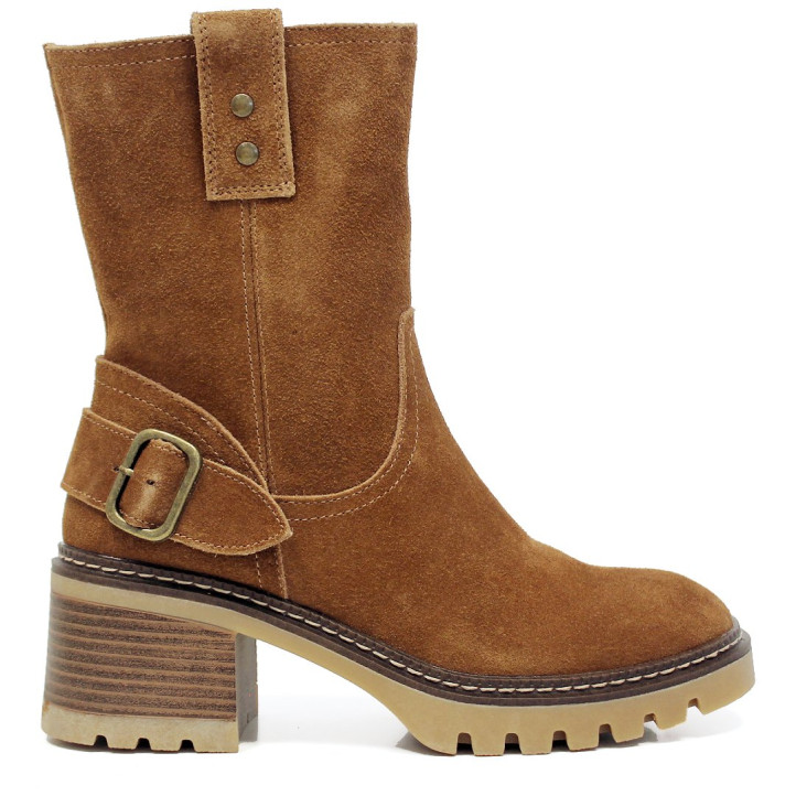 Botines Marila de piel color cuero con hebilla lateral y tacón ancho - Querol online