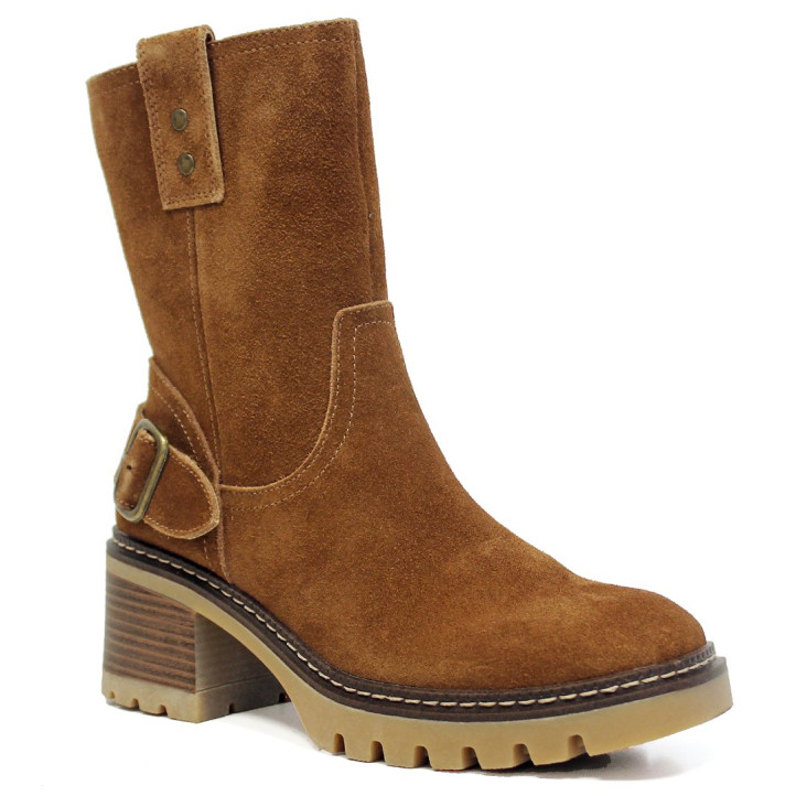 Botines Marila de piel color cuero con hebilla lateral y tacón ancho - Querol online