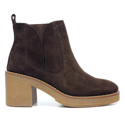 Botines Marila de piel marrón chocolate con elásticos laterales y tacón ancho - Querol online