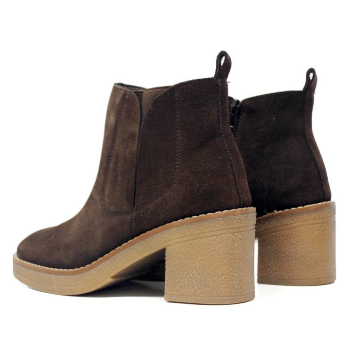 Botines Marila de piel marrón chocolate con elásticos laterales y tacón ancho - Querol online