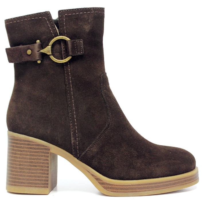 Botines Marila de piel marrón chocolate con hebilla dorada y tacón ancho - Querol online