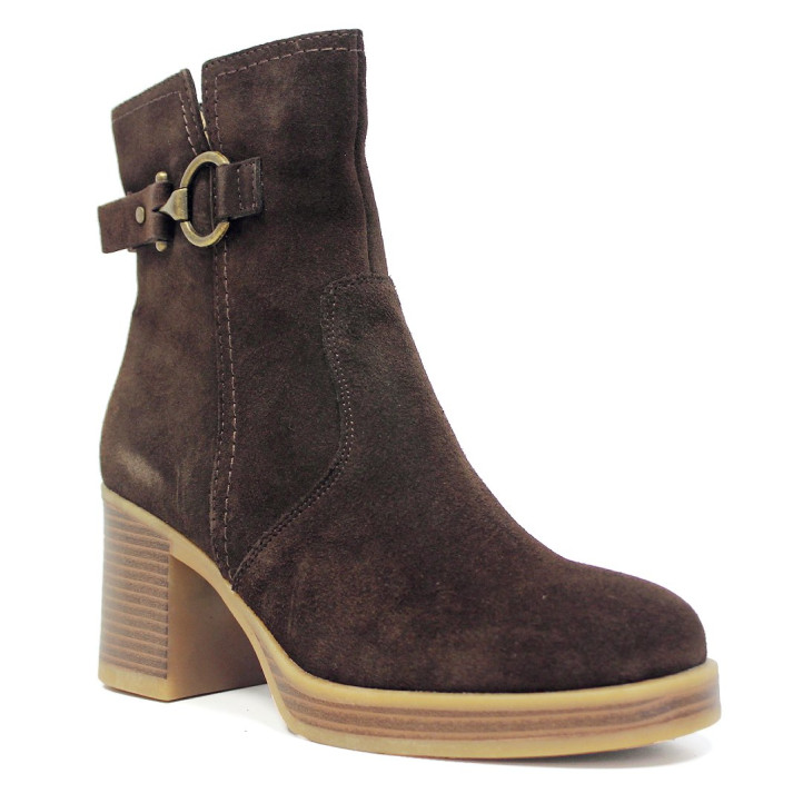 Botines Marila de piel marrón chocolate con hebilla dorada y tacón ancho - Querol online