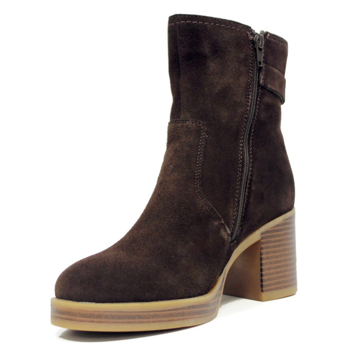 Botins Marila de pell marró xocolata amb sivella daurada i taló ample - Querol online