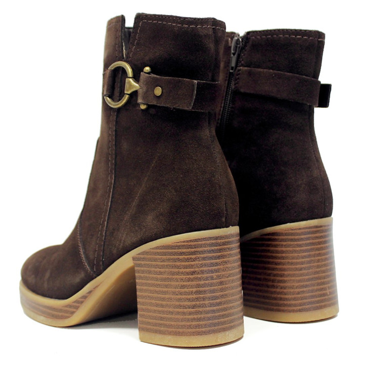 Botines Marila de piel marrón chocolate con hebilla dorada y tacón ancho - Querol online