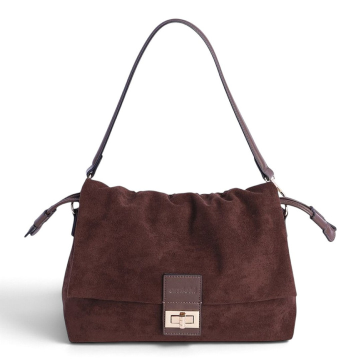 Bolso AMICHI de hombro marrón chocolate con acabado de antelina y solapa - Querol online