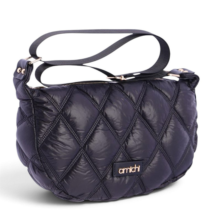 Bandolera AMICHI negro acolchado con pespuntes de rombos y asa aju - Querol online