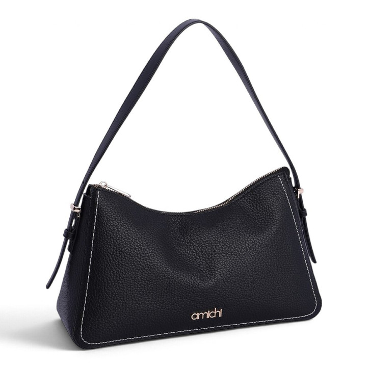 Bolso AMICHI de hombro negro con textura granulada y costuras a contrast - Querol online