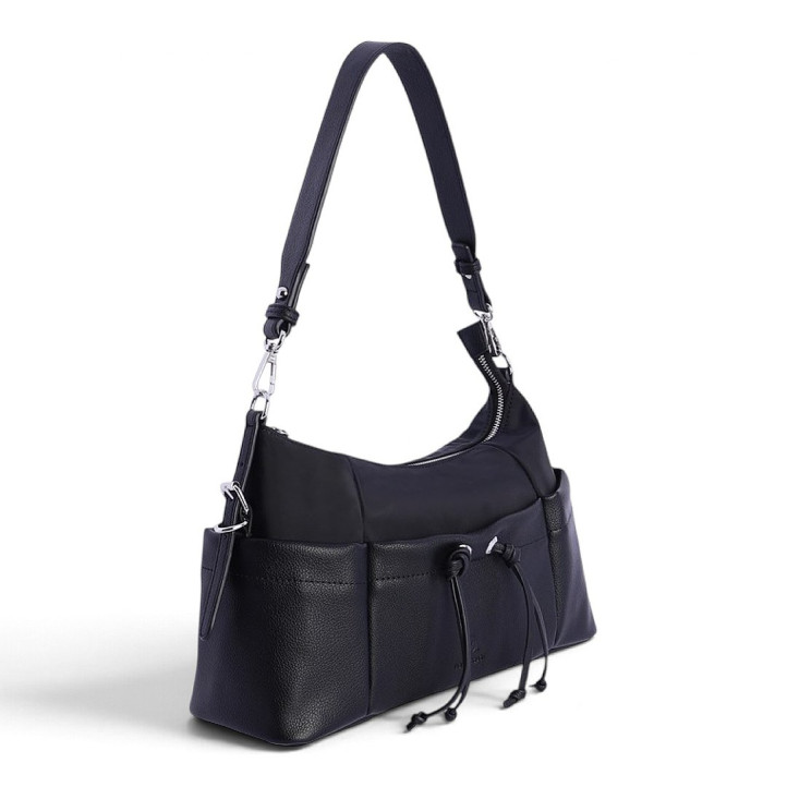Bolso AMICHI de hombro negro con bolsillos y cordones decorativos - Querol online