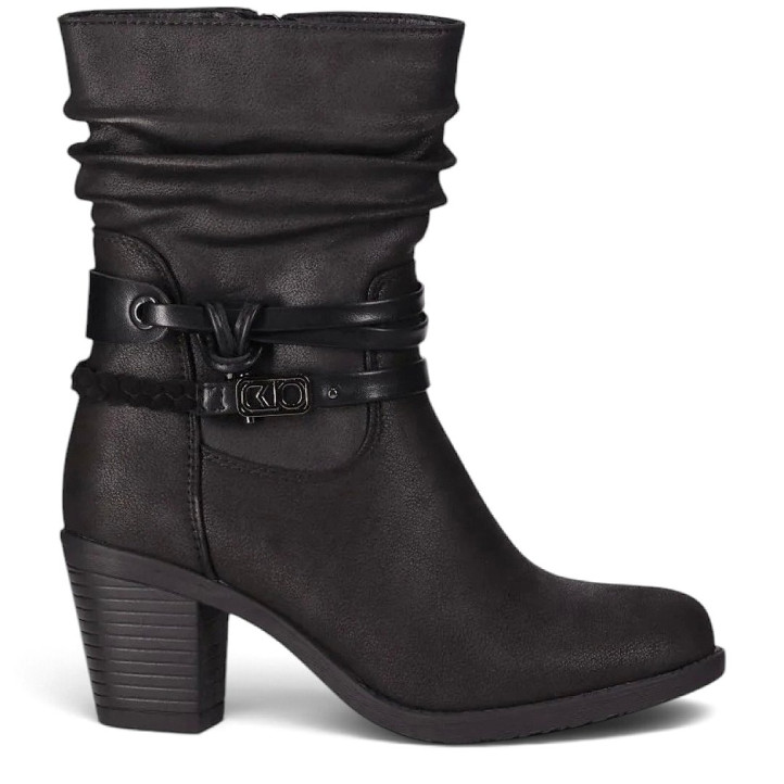 Botines tacón Chika 10 negros con caña arrugada, hebillas decorativas y tacón ancho - Querol online