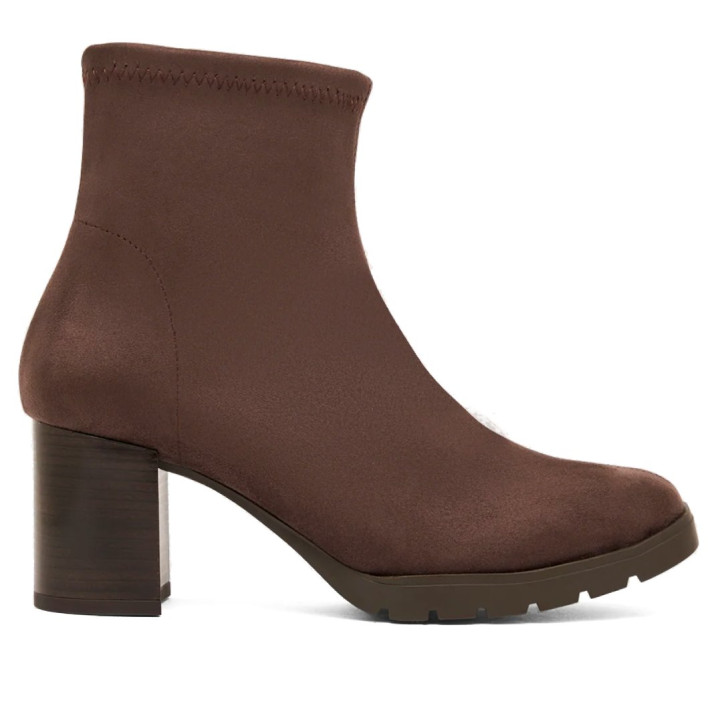 Botines tacón Miss Elastic Menphis marrón testa efecto ante con tacón de 6 cm - Querol online