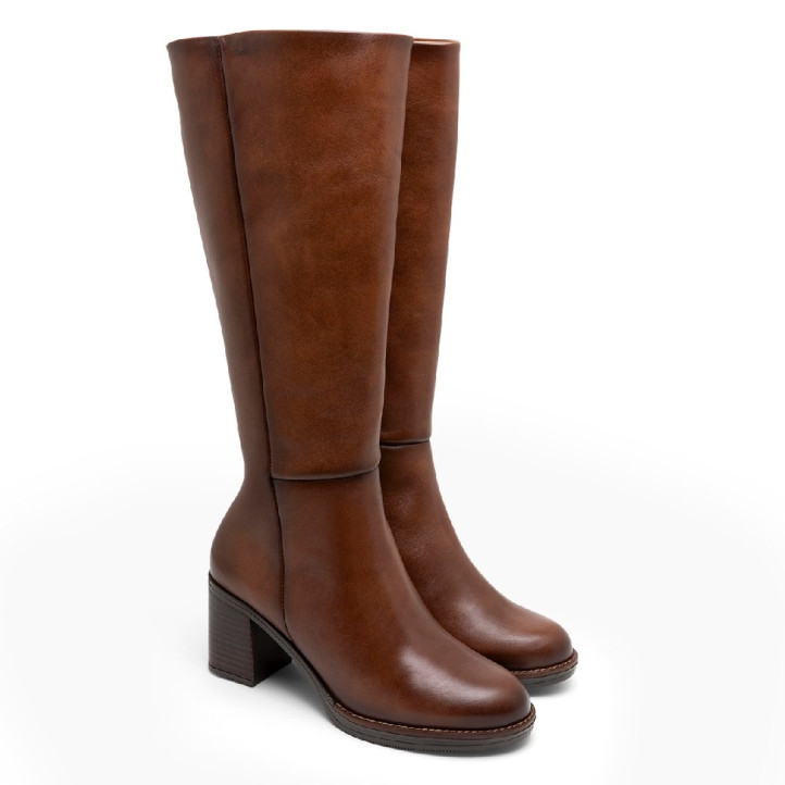 BOTAS DE PIEL CAÑA ANCHA DE TACÓN TRIANA CUERO PORRONET - Querol online