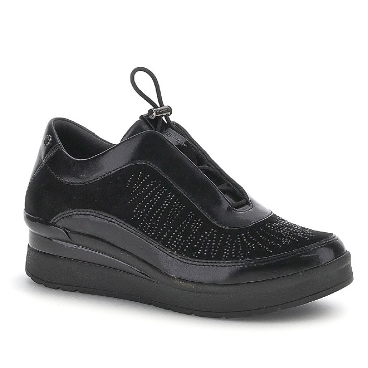 Zapatillas STONEFLY Cream 70 negros con strass, cordón ajustable y cuña - Querol online