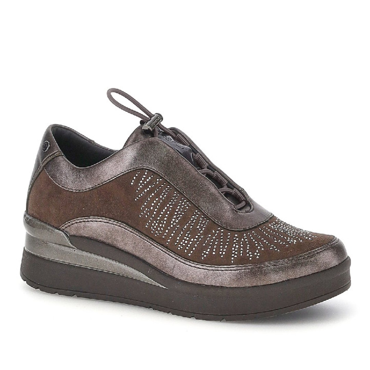 Zapatillas STONEFLY Cream 70 grises con strass, cordón ajustable y cuña - Querol online