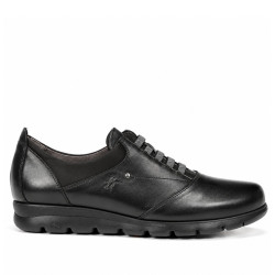 Zapatos planos Fluchos Susan de mujer negros de piel con cordones elásticos - Querol online