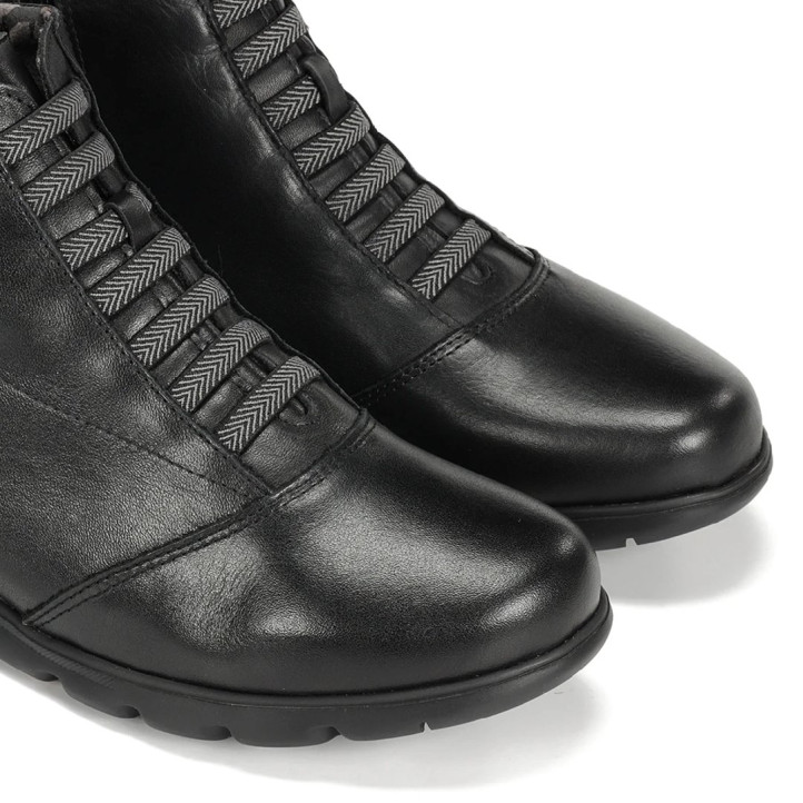 Botines planos Fluchos Susan de mujer negros de piel con cordones elásticos - Querol online