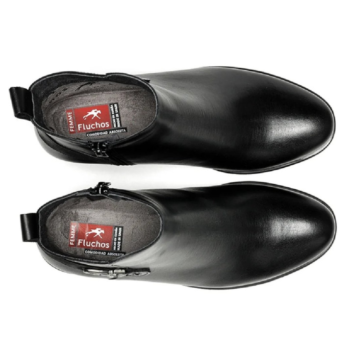Botines tacón Fluchos Nydia negros de piel con tacón y hebilla decorativa - Querol online