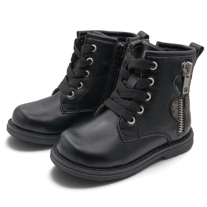 Botins Chicco negres amb cordons, cremallera lateral i cors decoratius - Querol online