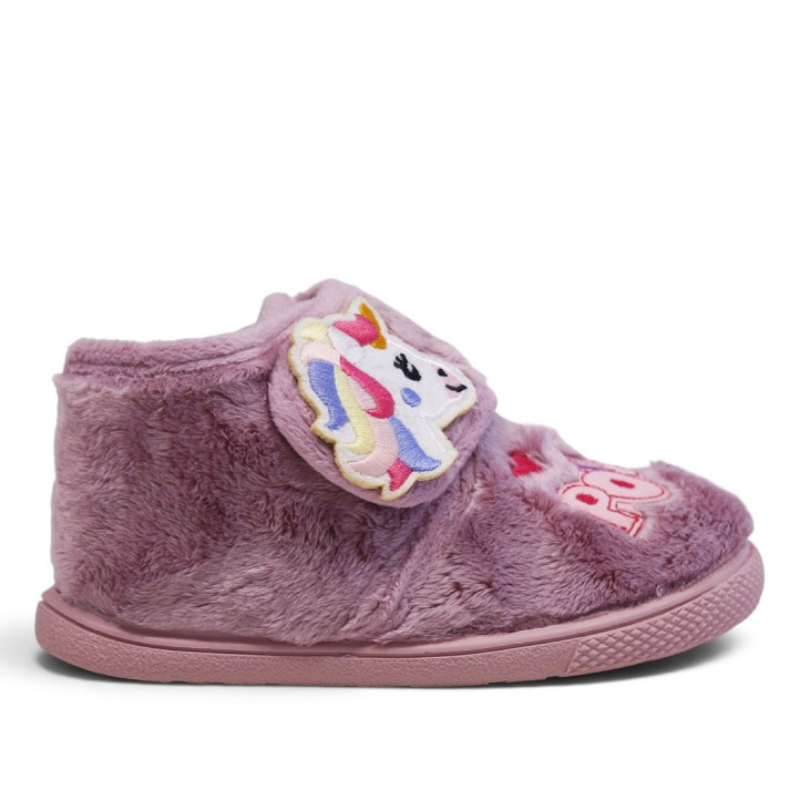 Zapatillas casa Vulladi malva con pelo suave, unicornio y cierre de velcro - Querol online