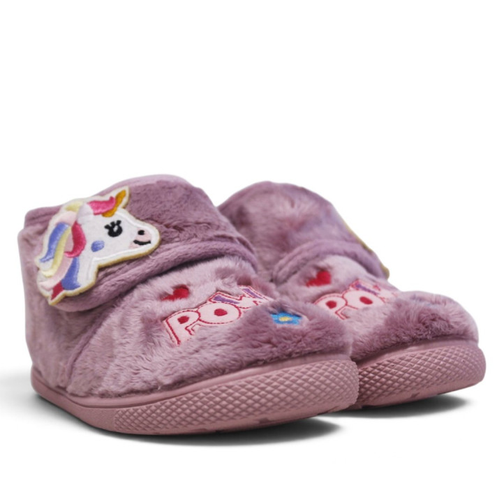 Zapatillas casa Vulladi malva con pelo suave, unicornio y cierre de velcro - Querol online