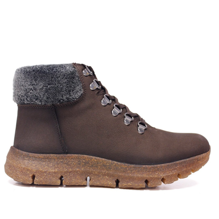 Botines planos 48H marrones de piel engrasada con pelo, cordones y cremallera - Querol online