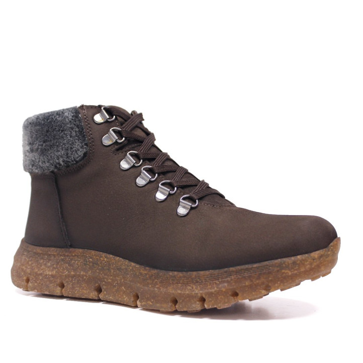 Botines planos 48H marrones de piel engrasada con pelo, cordones y cremallera - Querol online