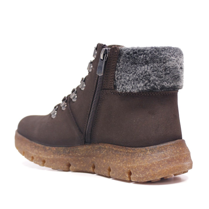 Botins plans 48H marrons de pell greixada amb pèl, cordons i cremallera - Querol online