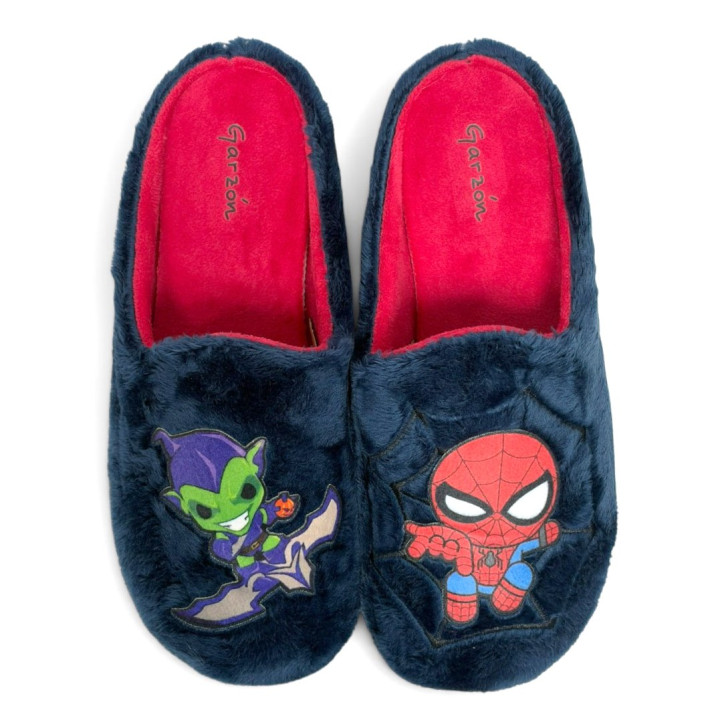 Zapatillas casa Garzon de niño azules de pelo con Spiderman y Duende Verde - Querol online