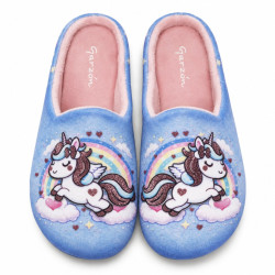 Zapatillas casa Garzon de niña azules con unicornio, arcoíris y detalles brillantes - Querol online