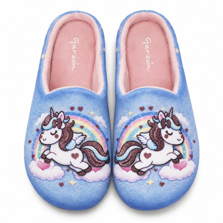 Zapatillas casa Garzon de niña azules con unicornio, arcoíris y detalles brillantes - Querol online