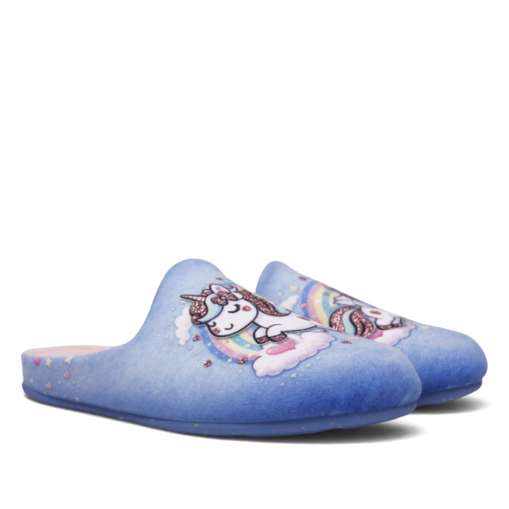 Zapatillas casa Garzon de niña azules con unicornio, arcoíris y detalles brillantes - Querol online