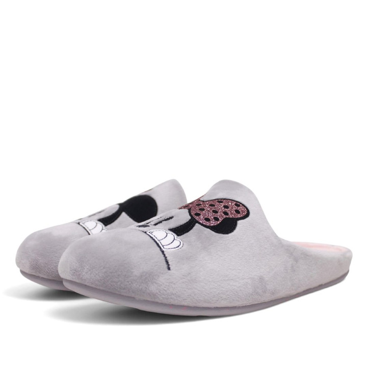 Zapatillas casa Garzon de mujer grises con Mickey y Minnie y detalles brillantes - Querol online