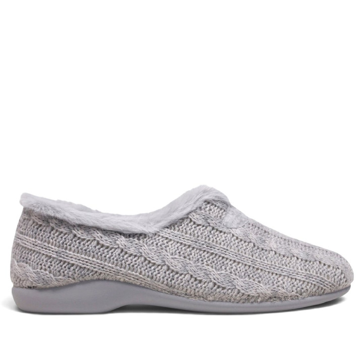 Zapatillas casa Garzon de mujer grises de punto trenzado con pelo interior - Querol online