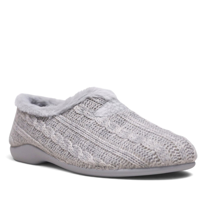 Zapatillas casa Garzon de mujer grises de punto trenzado con pelo interior - Querol online