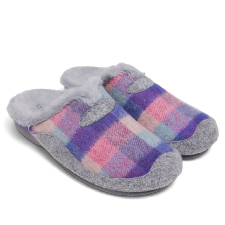 Zapatillas casa Garzon de cuadros multicolor con pelo interior y detalles grises - Querol online