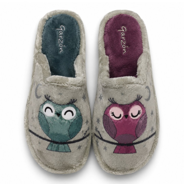 Zapatillas casa Garzon de mujer grises con búhos de colores y pelo suave - Querol online