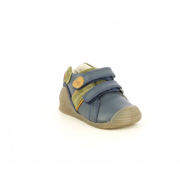 Sabates Biomecanics blau marí amb serratge en kaki, velcros i capdavantera reforçada - Querol online