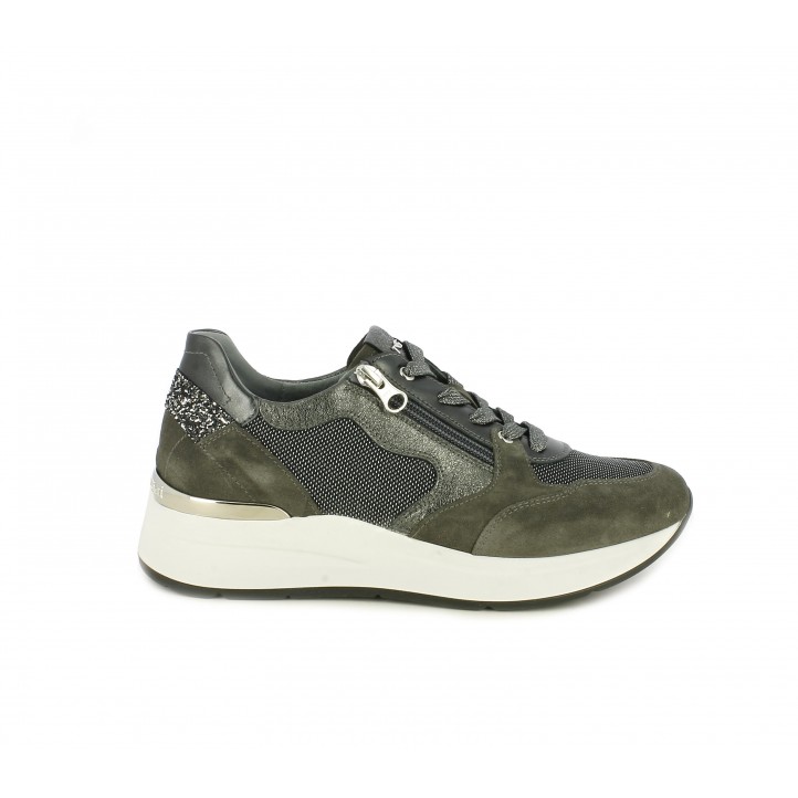 Zapatillas deportivas Nero Giardini gris con detalles brillantes cordones y cremallera lateral - Querol online
