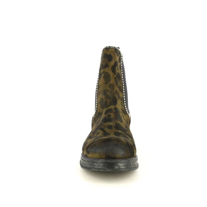 Botines tacón Replay de piel marrones estampado leopardo, elásticos y tachuelas - Querol online