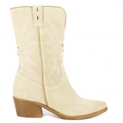 Botas tacón Redlove serraje color arena dibujos con costuras y detalles en piton - Querol online