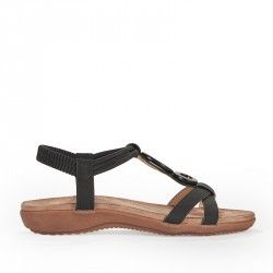 Sandalias planas Amarpies con tira negra horizontal doble y detalle en madera - Querol online